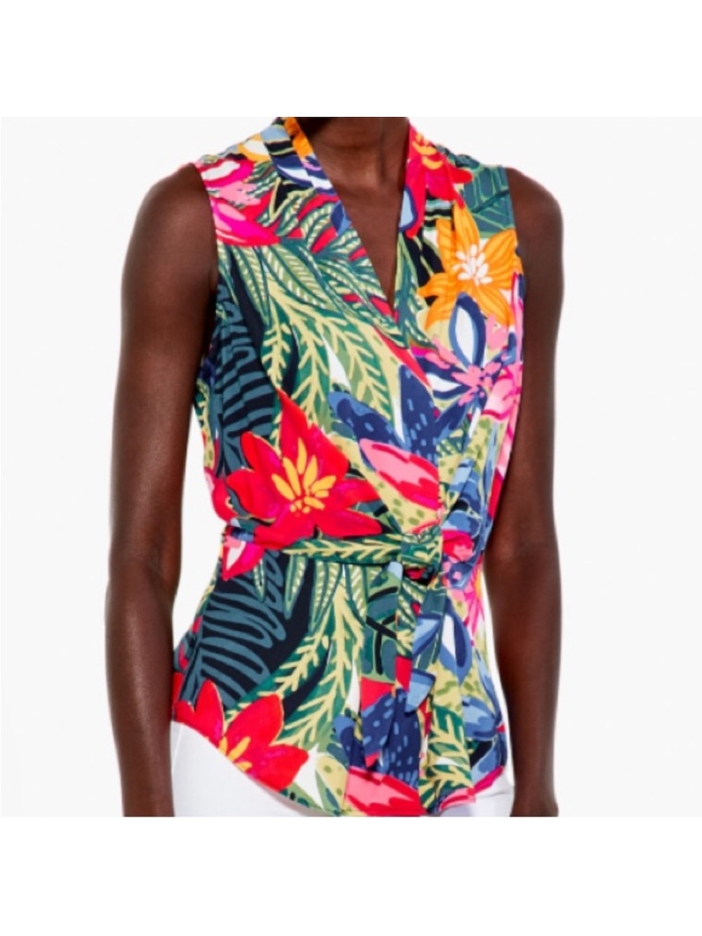 NIC+ZOE Vibrant Floral Tie-Front Sleeveless Top - Pink, Blue, Orange, Green